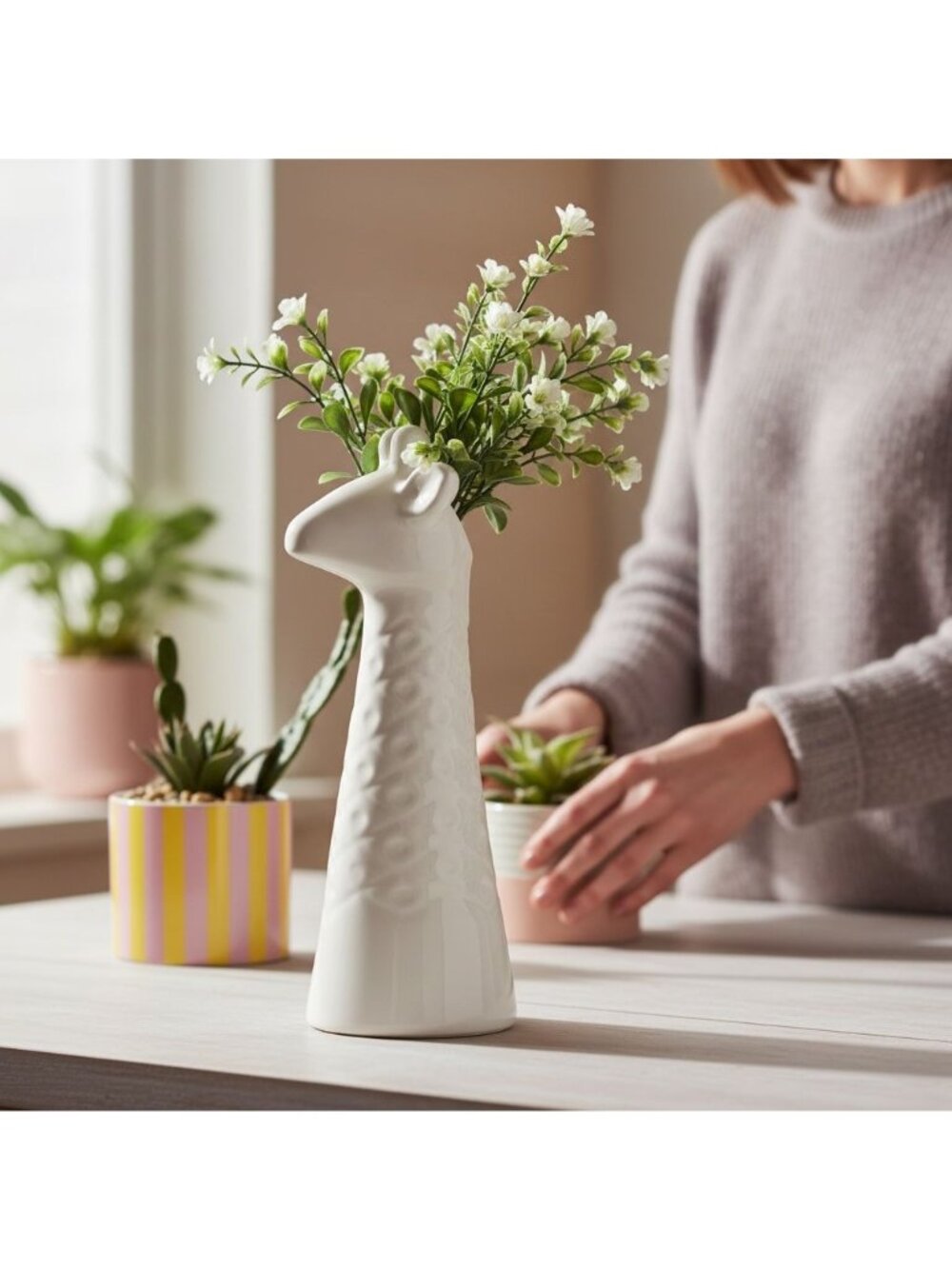 White Ceramic Giraffe Vase With Textured Design By Home Essentials & Beyond